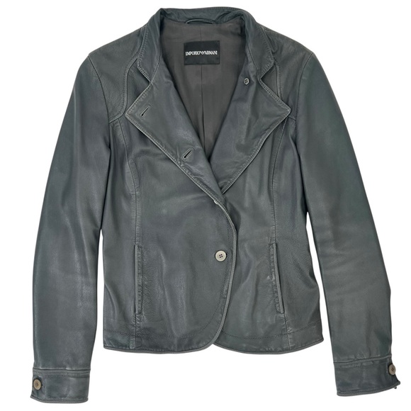 Vintage Emporio Armani Black Gray Distressed Genuine Leather Blazer Style Jacket - Picture 8 of 12